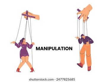 Obedient puppet woman and man controlled by hand vector poster. Cartoon marionette character tied with ropes to arms and legs. Manipulation, abuse, dependence, obedience, exploitation