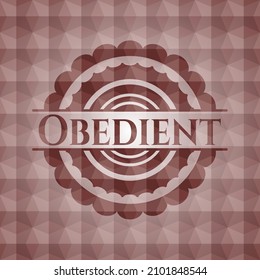 Obedient red emblem or badge with abstract geometric pattern background. Seamless. 