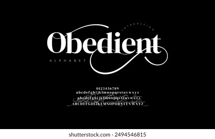 Obedient swash luxury elegant alphabet letters and numbers. Vintage wedding typography classic serif font decorative vintage retro. creative vector illustration