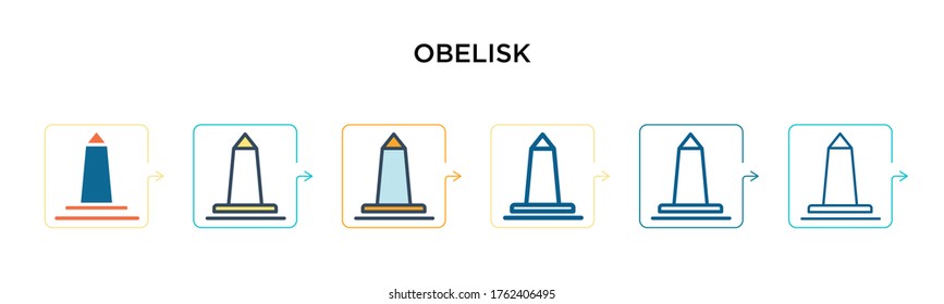 Obelisk Vektorsymbol in 6 verschiedenen modernen Stilen. Schwarze, zweifarbige Obelisk-Icons, die in voller Umriss-, Linien- und Strichform entworfen wurden. Vektorgrafik kann für Web, Mobile, i