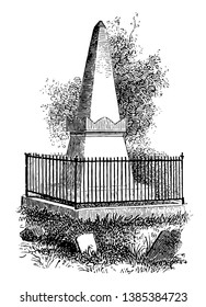 An obelisk-shaped marker engraved "RIP" on the surface of the grave shown here, vintage line drawing or engraving illustration.