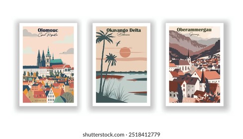 Oberammergau, Germany, Okavango Delta, Botswana, Olomouc, Czech Republic - Vintage travel poster. Vector illustration