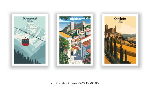 Obergurgl, Austria. Óbidos, Portugal. Orvieto, Italy - Set of 3 Vintage Travel Posters. Vector illustration. High Quality Prints