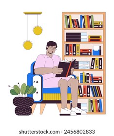 Obese arab man reading book at home line cartoon flat illustration. Plus sized middle eastern male in library 2D lineart character isolated on white background. Body positive scene vector color image