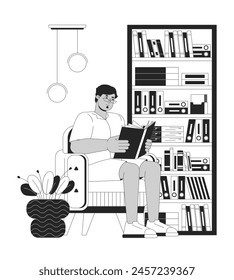 Obese arab man reading book black and white cartoon flat illustration. Plus sized middle eastern male in library 2D lineart character isolated. Body positive monochrome scene vector outline image