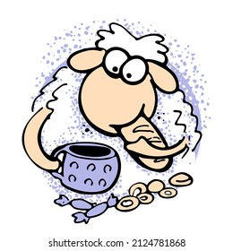The obese Aries loves to eat deliciously with a cup and tasty sweets pastries and cookies