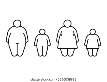 Obese body of man, woman, children, line icon. Fat figure and big size of family. Risk diabetes people. Vector outline illustration