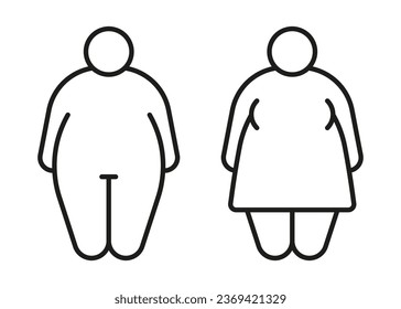 Obese body of man and woman obese fat line icon. Fat figure and big size. Risk diabetes people. Vector outline illustration