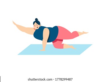 Obese Chubby Young European Female Wearing T-shirt And Leggings Practicing Yoga On Mat. Happy Plus Size Woman Doing Exercises To Strengthen Her Muscles Vector Stock Illustration.