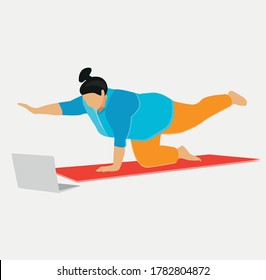 Obese chubby young European female with hair knot practicing yoga or pilates indoors on mat, doing exercises to strengthen core, watching video lesson online in front of open laptop computer on floor