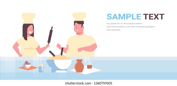 Obese Cooks Couple Preparing Tasty Meals Overweight Man Woman Chefs In Uniform Cooking Together Modern Kitchen Restaurant Workers Team Horizontal Portrait Copy Space