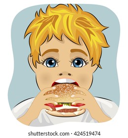 obese fat boy eating chicken cheese hamburger