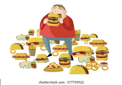 Obese Fat Man Eating A Lot Of Junk Fast Food