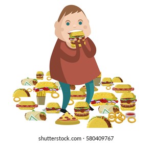 obese fat man eating a lot of junk fast food