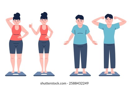 Obese and fit people on scales. Process of losing weight, healthy and unhealthy lifestyle. Overeating and diet results, frustration and joy recent vector characters
