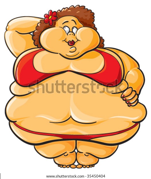 Obese. Funny cartoon illustration of fat woman in bikini.