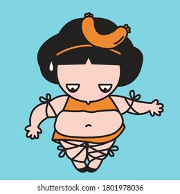 Obese Girl Looking At Her Leg Tied With Rope Like A Sausages Concept Card Character illustration