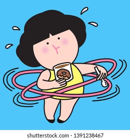 Obese Girl Losing Her Belly Fat With A Hula Hoop While Eating Ice Cream Chocolate Donut Flavour. Concept Of Hopeless Weight Watcher Series Card Character illustration