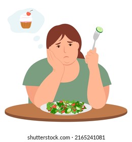 Obese girl on a diet dreaming about cake.A sad  woman is sitting at the table with a plate of salad. The concept of weight loss and diet. Vector illustration