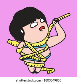 Obese Girl Tied Up Her Fat Belly With A Meter Concept Card Character illustration