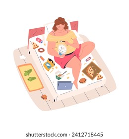 Obese lying woman. Young big curvy girl eating snack food on bed, sedentariness ladies with nutritional problem bad habits, overweight fitness concept classy vector illustration