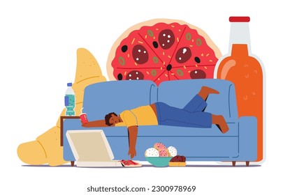 Obese Male Character Fall Asleep after Eating Much Fast Food. His Stomach Bloated And Body Lethargic From The Excess Consumption of Fat Unhealthy Meals and Drinks. Cartoon People Vector Illustration