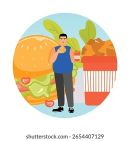 An obese man addicted to food is eating a burger next to a container of French fries. Obesity and unhealthy nutrition concept.
