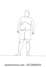 obese man bare-chested and in shorts one line art. Continuous line drawing of body positive, overweight, plus size model, XL, health, fashion, self acceptance.