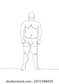 obese man bare-chested and in underwear one line art. Continuous line drawing of body positive, overweight, plus size model, XL, health, fashion, self acceptance.