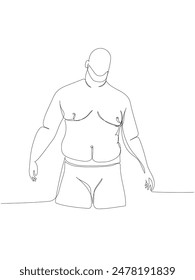 Hombre obeso con el pecho desnudo y en ropa interior una línea de arte. dibujo continuo de línea de cuerpo positivo, sobrepeso, talla grande modelo, XL, salud, moda, autoaceptación.