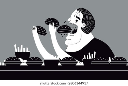 obese man with binge eating disorder devouring hamburgers