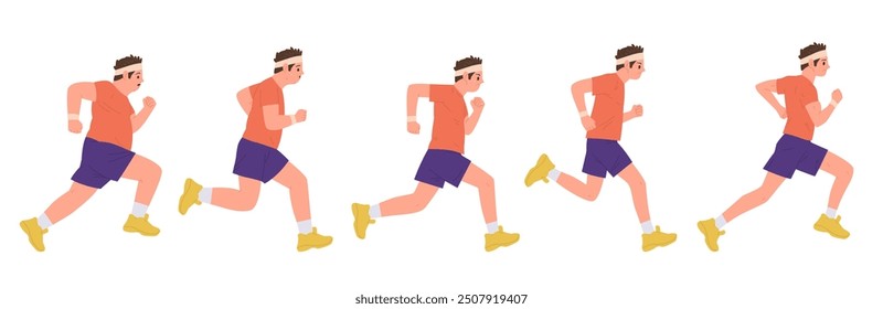 Obese man cartoon character demonstrating body transformations after running isolated set on white