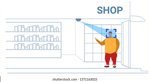 obese man customer identification facial recognition concept overweight guy choosing accesories fashion boutique interior security camera surveillance cctv system sketch doodle horizontal