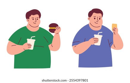 Obese Man Eat Junk Food and Fast Food Like Burger and Soda