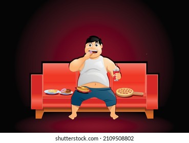 Obese man eating on the couch vector