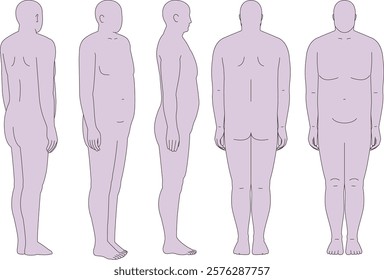 Obese man. Front, back, oblique, front and back oblique, full body illustration