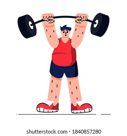 Obese man lifting weight during workout. Healthy lifestyle, weight loss, muscle gain, bodybuilding concept. Cartoon vector illustration. Male person lifting a barbell