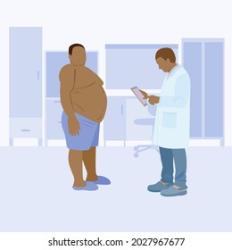 Obese Man Patient Weight Concept Vector Illustration. Obesity Health Problem, High Blood Pressure, Nutrition Plan, Body Mass Index, Junk Food, Body Fat, Heart Attack, Hormonal Imbalance, Diabetes.