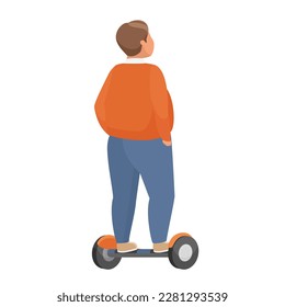 Obese man riding self balancing scooter. Chubby man using electric scooter vector cartoon illustration