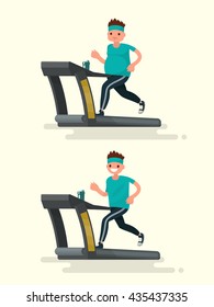  Obese man running on a treadmill and he  after slimming. Vector illustration of a flat design