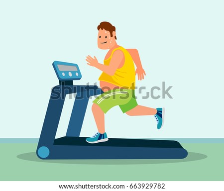 Obese man running on a treadmill. Fatso training in sweat to get rid of fat belly.  Overweight loss concept . Isolated. Vector.