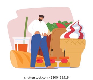 Obese Man Struggles To Zip Up Undersized Pants Due To The Restriction Caused By The Tightness Of The Fabric, Posing A Challenge. Fat Male Character Dress Up. Cartoon People Vector Illustration