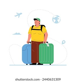 An obese man with suitcases at the airport, waiting for departure.