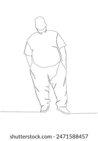 obese man in a tracksuit one line art. Continuous line drawing of body positive, overweight, plus size model, XL, health, fashion, self acceptance.