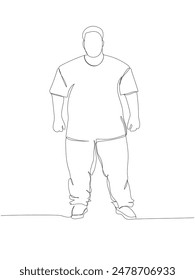 obese man in a tracksuit one line art. Continuous line drawing of body positive, overweight, plus size model, XL, health, fashion, self acceptance.