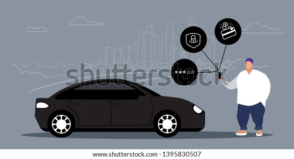 obese man using online\
mobile app rent car sharing concept transportation carsharing\
service overweight guy holding smartphone cityscape background\
horizontal sketch