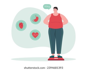 Obese man weighing himself due to complications heart, liver and stomach diseases. Keep your body fit and healthy. Character design. Vector flat illustration