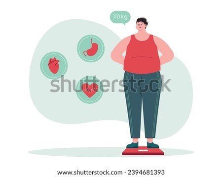 Obese man weighing himself due to complications heart, liver and stomach diseases. Keep your body fit and healthy. Character design. Vector flat illustration