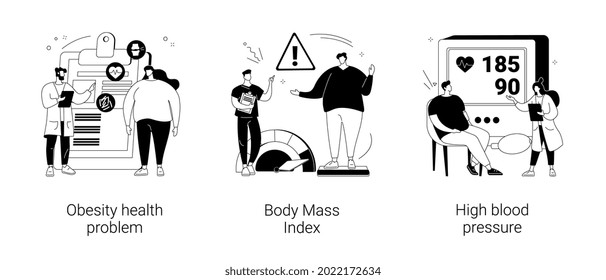 Obese people abstract concept vector illustration set. Obesity health problem, body mass index, high blood pressure, nutrition plan, junk food, body fat, heart attack, diabetes abstract metaphor.