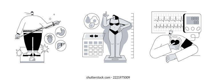 Obese people abstract concept vector illustration set. Obesity health problem, body mass index, high blood pressure, nutrition plan, junk food, body fat, heart attack, diabetes abstract metaphor.